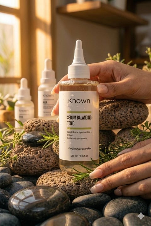 Person holding Known Serum Balancing Tonic bottle with rocks and greenery, skincare product display