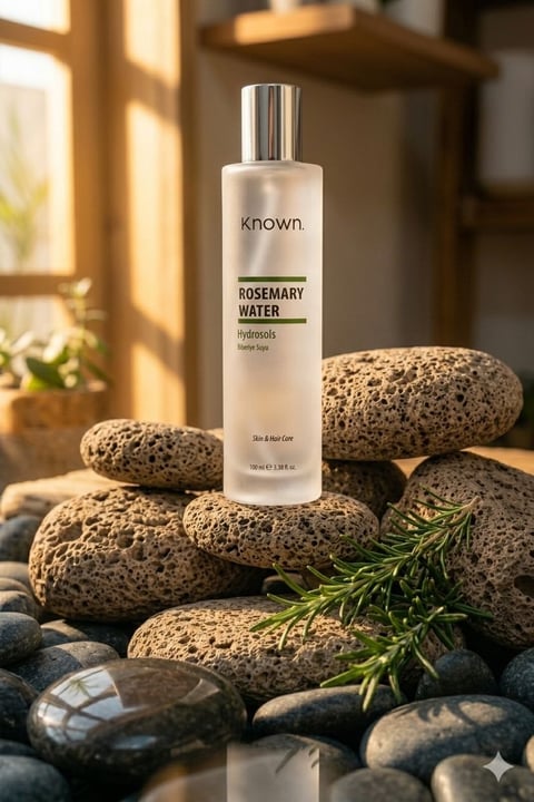 Known Rosemary Water bottle displayed on porous stones with fresh rosemary sprigs in natural sunlight