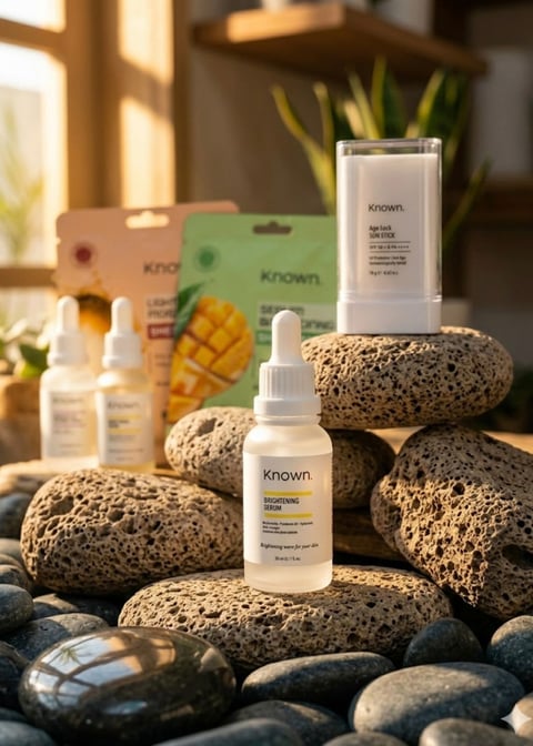 Known skincare products displayed on porous rocks and stones with packaging boxes and a potted plant in natural daylight