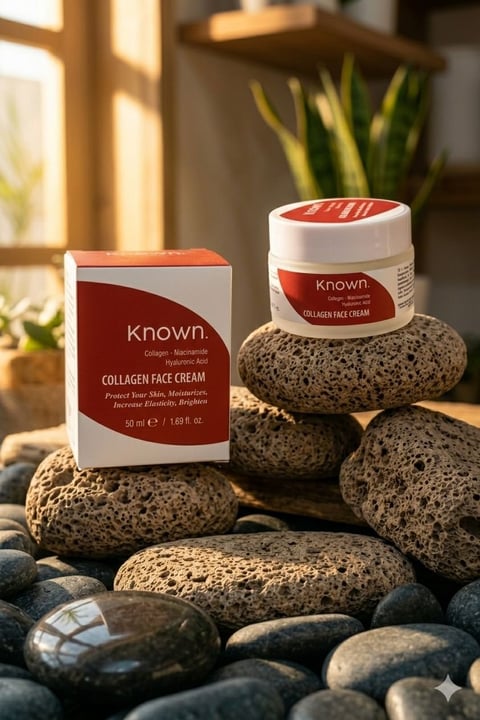Known Collagen Face Cream product display on volcanic rocks with packaging box beside jar in bright natural light