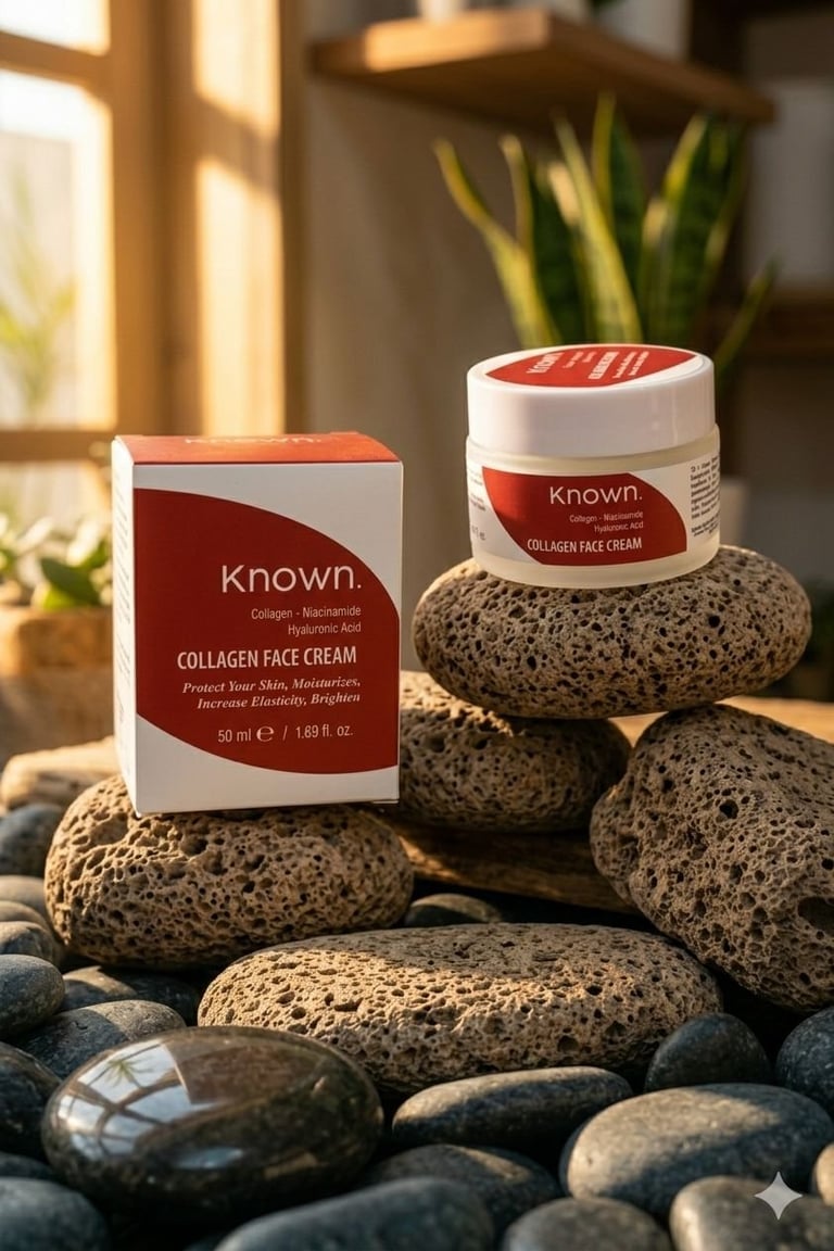 Known Collagen Face Cream product display on volcanic rocks with packaging box beside jar in bright natural light